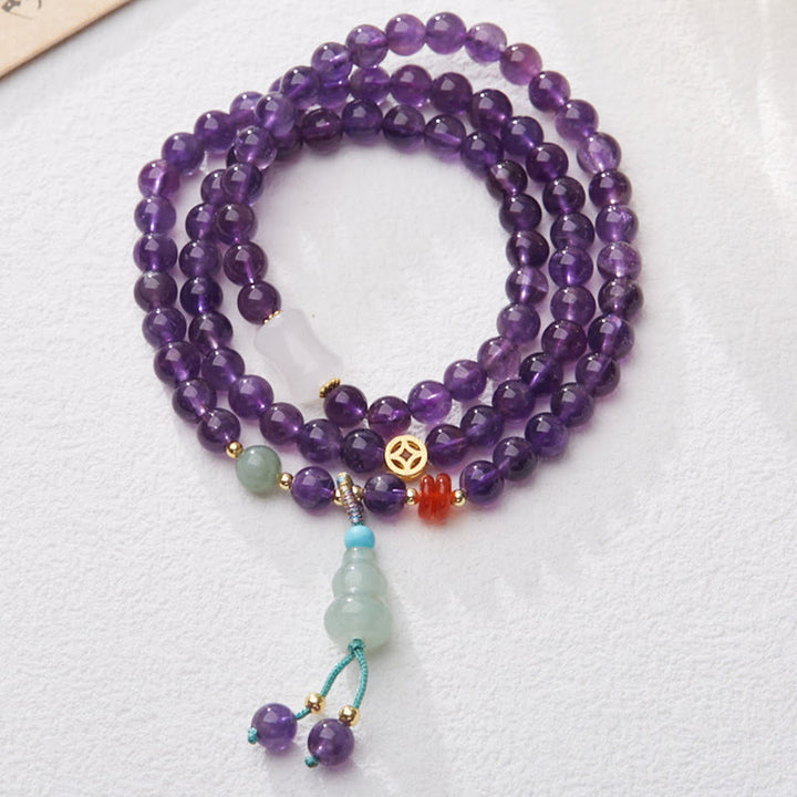 Buddha Stones, natürliche Amethyst-Perlen, Münze, hängender Kürbis, Chalcedon, Lotus-Balance, mehrschichtiges Armband