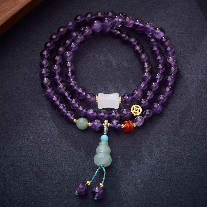Buddha Stones, natürliche Amethyst-Perlen, Münze, hängender Kürbis, Chalcedon, Lotus-Balance, mehrschichtiges Armband