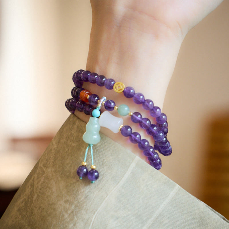 Buddha Stones, natürliche Amethyst-Perlen, Münze, hängender Kürbis, Chalcedon, Lotus-Balance, mehrschichtiges Armband