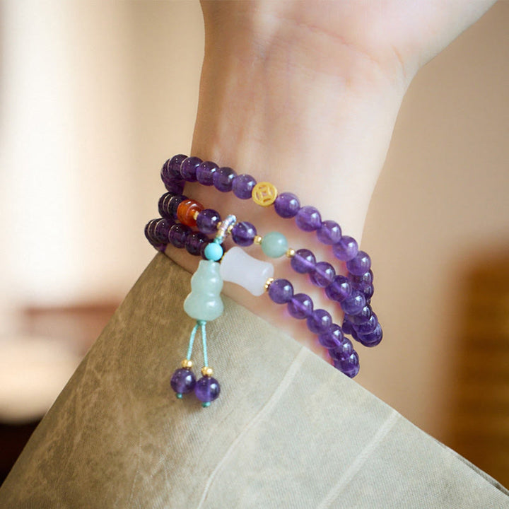 Buddha Stones, natürliche Amethyst-Perlen, Münze, hängender Kürbis, Chalcedon, Lotus-Balance, mehrschichtiges Armband