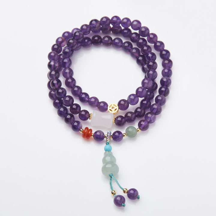 Buddha Stones, natürliche Amethyst-Perlen, Münze, hängender Kürbis, Chalcedon, Lotus-Balance, mehrschichtiges Armband