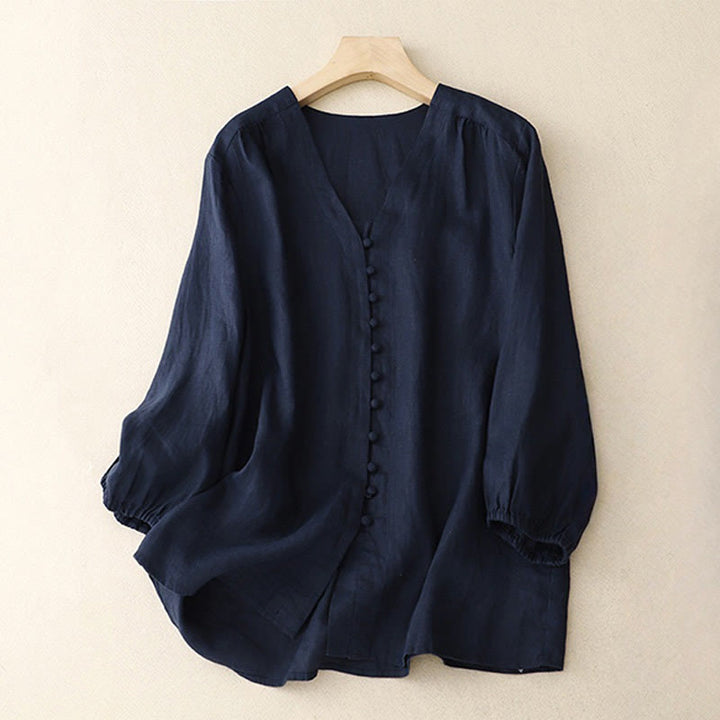 Buddha Stones V-Ausschnitt Design Damen Langarmshirt aus Baumwolle und Leinen - Mitternachtsblau - US8-10, UK/AU12-14,EU40-42 (2XL) - image 9