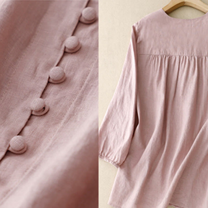 Buddha Stones V-Ausschnitt Design Damen Langarmshirt aus Baumwolle und Leinen - image 5