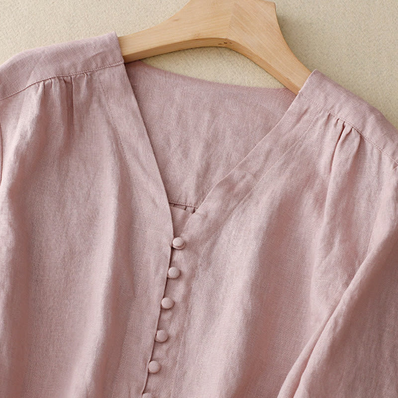 Buddha Stones V-Ausschnitt Design Damen Langarmshirt aus Baumwolle und Leinen - image 2