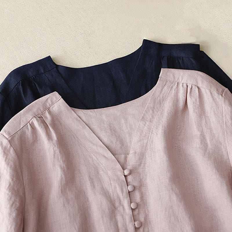 Buddha Stones V-Ausschnitt Design Damen Langarmshirt aus Baumwolle und Leinen - image 8