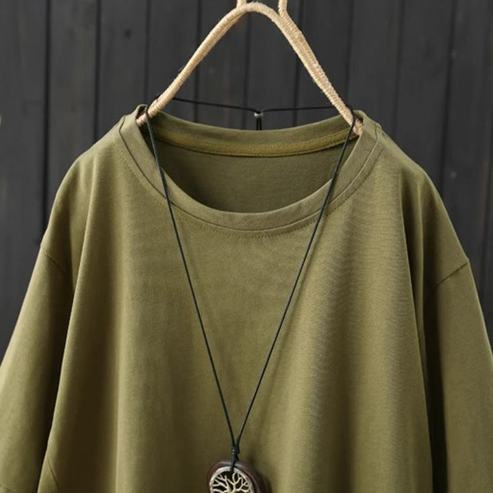 Buddha Stones Lässiges, lockeres Sommer-T-Shirt aus schlichter Baumwolle mit Rundhalsausschnitt für Damen - image 1