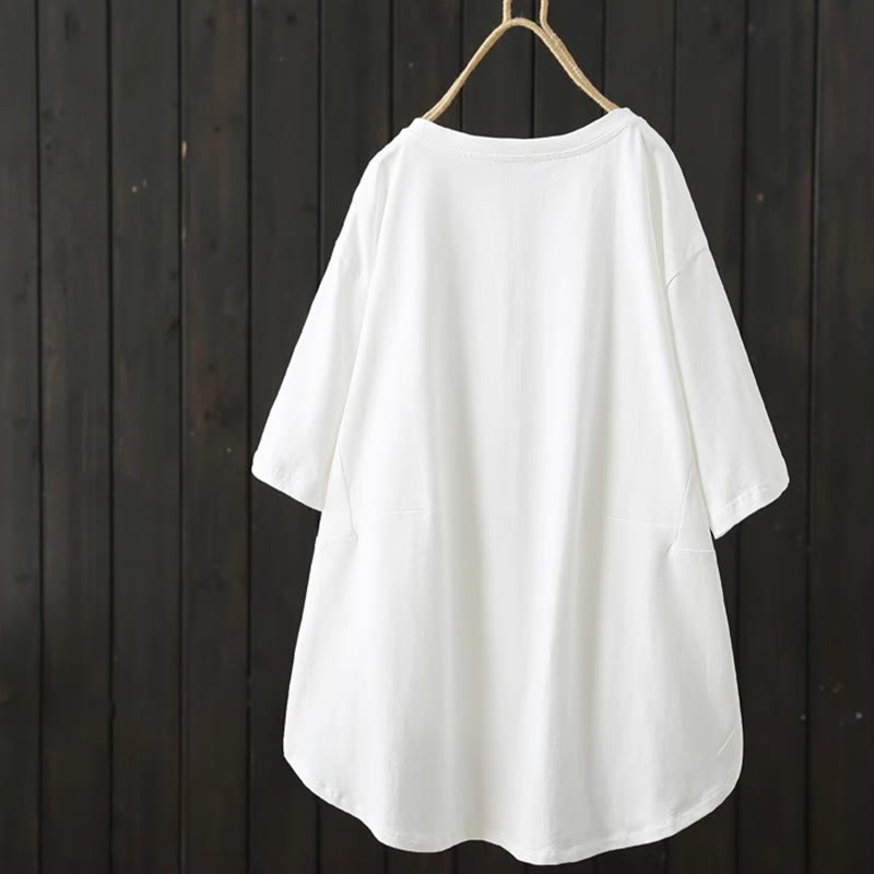 Buddha Stones Lässiges, lockeres Sommer-T-Shirt aus schlichter Baumwolle mit Rundhalsausschnitt für Damen - image 3