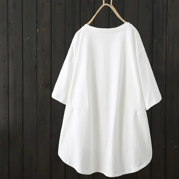 Buddha Stones Lässiges, lockeres Sommer-T-Shirt aus schlichter Baumwolle mit Rundhalsausschnitt für Damen - image 3