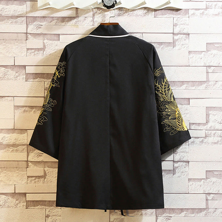 Buddha Stones -Stickerei, Drache, Phönix, Glücksbringer, Wolken, Wellen, Blätter, Kraniche, offene Vorderseite, Jacke, Herren-Kimono - image 19