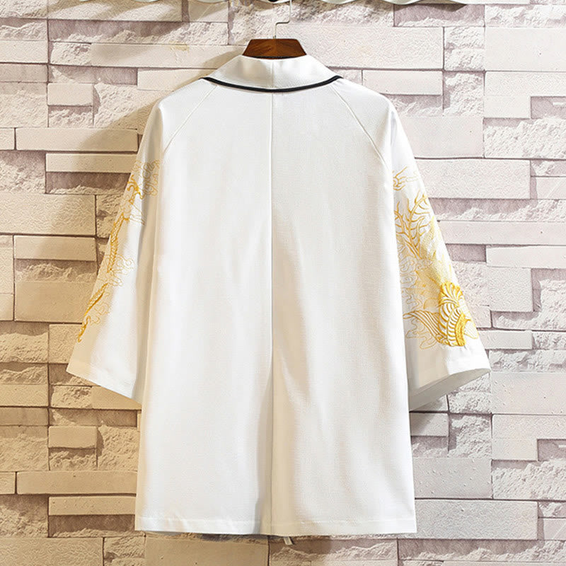 Buddha Stones -Stickerei, Drache, Phönix, Glücksbringer, Wolken, Wellen, Blätter, Kraniche, offene Vorderseite, Jacke, Herren-Kimono - image 21