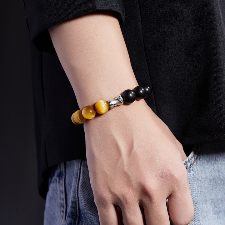 Buddha Stones 999 Sterling Silber Ebenholz Tigerauge Schwarzer Obsidian Relax Armband