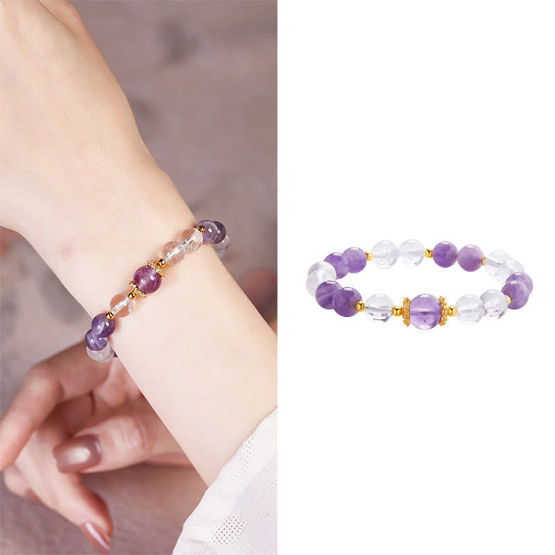 Buddha Stones 925 Sterling Silber Natürlicher Amethyst Weißer Kristall Balance Armband