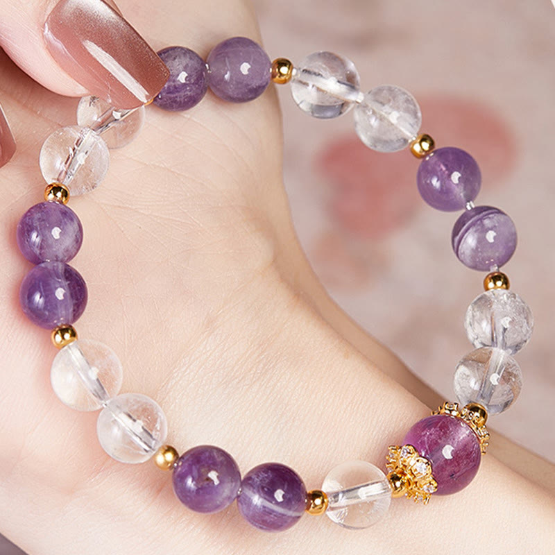 Buddha Stones 925 Sterling Silber Natürlicher Amethyst Weißer Kristall Balance Armband