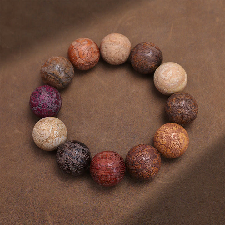 Buddha Stones, die Sandelholz schnitzen, chinesisches Sternzeichen, glückverheißender Drache, Phönix, Fu-Charakter, Heilungsarmband