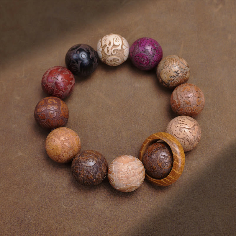 Buddha Stones, die Sandelholz schnitzen, chinesisches Sternzeichen, glückverheißender Drache, Phönix, Fu-Charakter, Heilungsarmband