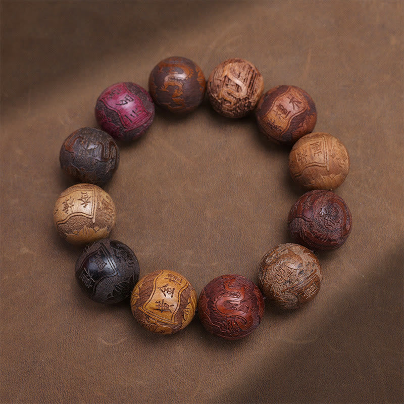 Buddha Stones, die Sandelholz schnitzen, chinesisches Sternzeichen, glückverheißender Drache, Phönix, Fu-Charakter, Heilungsarmband