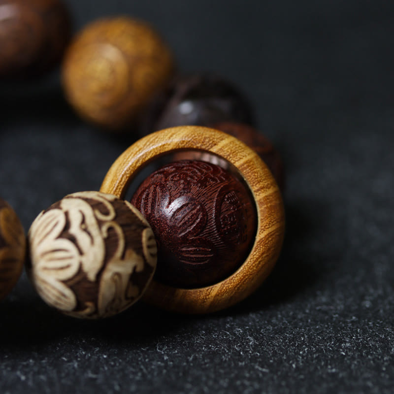 Buddha Stones, die Sandelholz schnitzen, chinesisches Sternzeichen, glückverheißender Drache, Phönix, Fu-Charakter, Heilungsarmband
