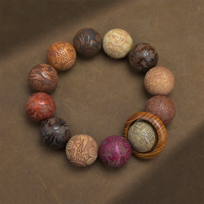 Buddha Stones, die Sandelholz schnitzen, chinesisches Sternzeichen, glückverheißender Drache, Phönix, Fu-Charakter, Heilungsarmband