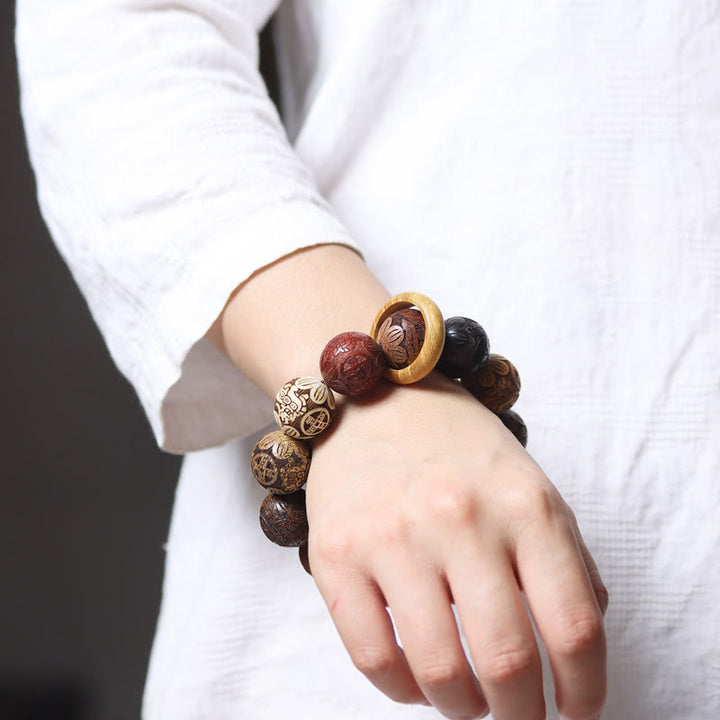 Buddha Stones, die Sandelholz schnitzen, chinesisches Sternzeichen, glückverheißender Drache, Phönix, Fu-Charakter, Heilungsarmband