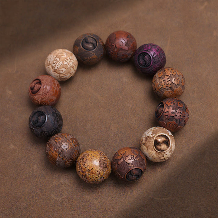 Buddha Stones, die Sandelholz schnitzen, chinesisches Sternzeichen, glückverheißender Drache, Phönix, Fu-Charakter, Heilungsarmband