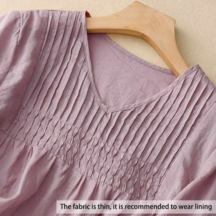 Buddha Stones Lässiges, einfarbiges, lockeres Damen-Baumwollhemd mit V-Ausschnitt und halblangen Ärmeln - image 3