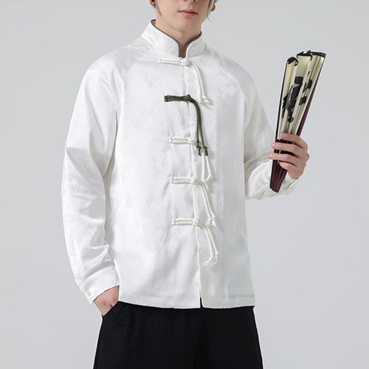Buddha Stones Spring Jacquard Bambusblätter Muster Chinesischer Frosch-Knopf-Design Herren Langarmhemd - image 18