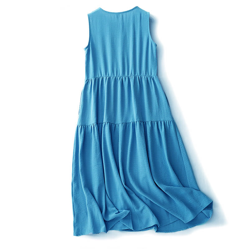 Buddha Stones Lässiges, schlichtes, handgefertigtes Midikleid mit Schnürung, ärmelloses Kleid aus Baumwollleinen mit Taschen - image 1