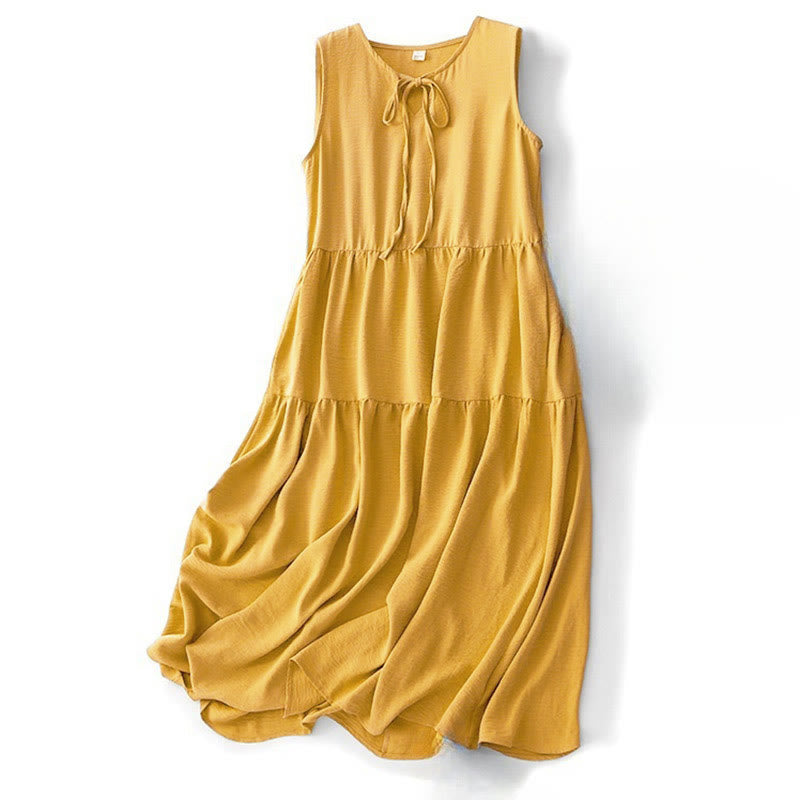 Buddha Stones Lässiges, schlichtes, handgefertigtes Midikleid mit Schnürung, ärmelloses Kleid aus Baumwollleinen mit Taschen - Goldrute - US8-10, UK/AU12-14,EU40-42 (2XL) - image 11