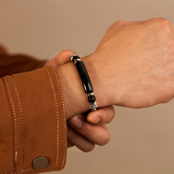 Buddha Stones Tigerauge Schwarzer Obsidian Stein Titanstahl Stärke Schnalle Armband