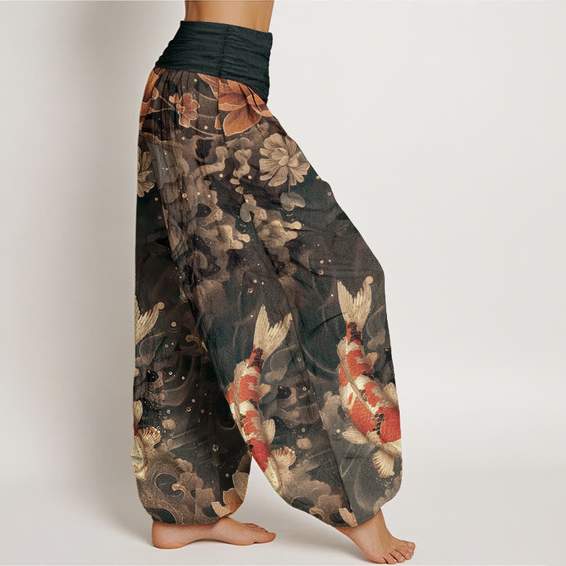 Haremshose für Damen mit elastischer Taille und Buddha Stones aus reiner Baumwolle, buntes Koi-Fisch-Lotusblumen-Design