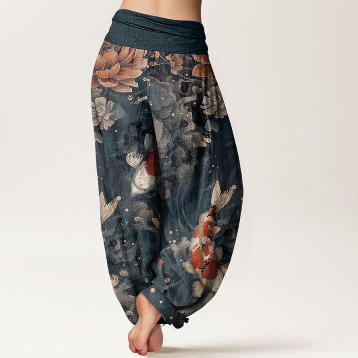 Haremshose für Damen mit elastischer Taille und Buddha Stones aus reiner Baumwolle, buntes Koi-Fisch-Lotusblumen-Design