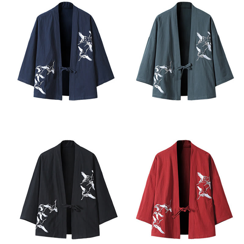 Buddha Stones -Stickerei, fliegende weiße Kraniche, Baumwolle, Leinen, offene Vorderseite, Herren-Kimono - image 17