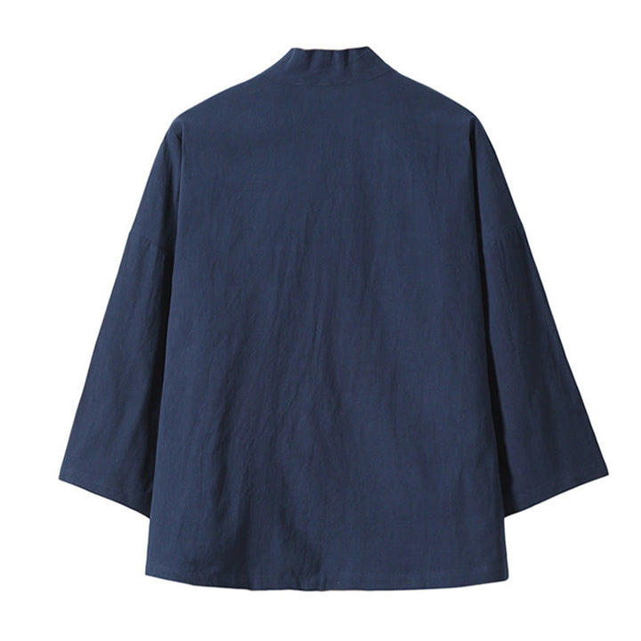 Buddha Stones -Stickerei, fliegende weiße Kraniche, Baumwolle, Leinen, offene Vorderseite, Herren-Kimono - image 16