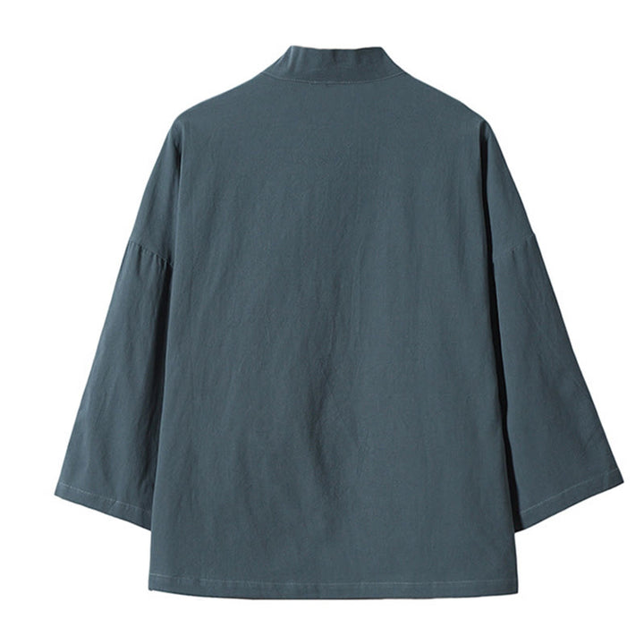 Buddha Stones -Stickerei, fliegende weiße Kraniche, Baumwolle, Leinen, offene Vorderseite, Herren-Kimono - image 1