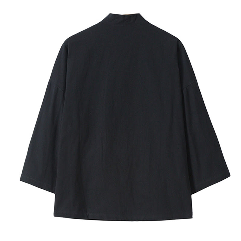 Buddha Stones -Stickerei, fliegende weiße Kraniche, Baumwolle, Leinen, offene Vorderseite, Herren-Kimono - image 14