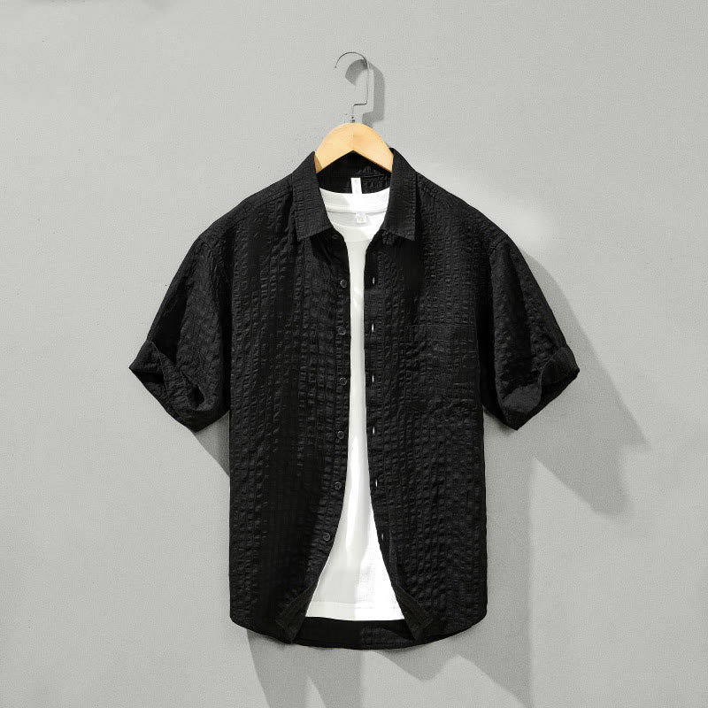 Buddha Stones Sommer Solide Atmungsaktive Herren Knöpfe Kurzarm Tencel Hemd - Schwarz - US/ UK/AU42,EU52 (3XL) - image 21