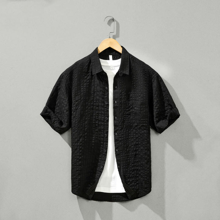 Buddha Stones Sommer Solide Atmungsaktive Herren Knöpfe Kurzarm Tencel Hemd - Schwarz - US/ UK/AU42,EU52 (3XL) - image 21