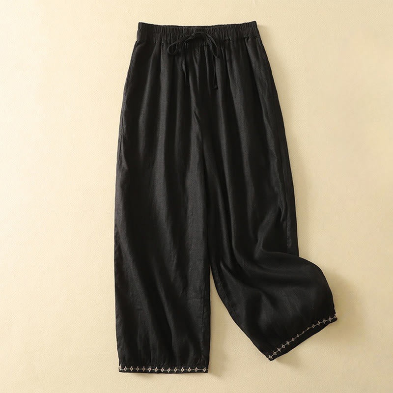 Buddha Stones Lässiges Retro-Kordelzug-Stickerei-Design Damen-Baumwollleinenhose 7-8 Länge mit Taschen - Schwarz - US8-10, UK/AU12-14, EU40-42 (2XL) - image 10