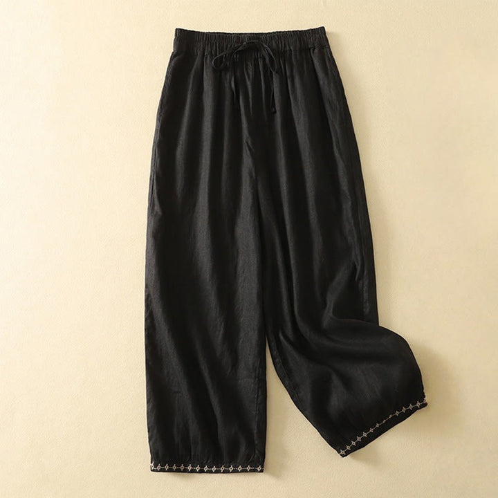 Buddha Stones Lässiges Retro-Kordelzug-Stickerei-Design Damen-Baumwollleinenhose 7-8 Länge mit Taschen - Schwarz - US8-10, UK/AU12-14, EU40-42 (2XL) - image 10