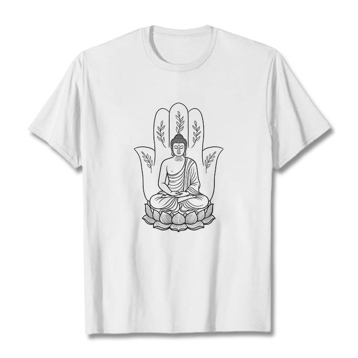 Buddha Stones Meditierender Buddha Sitzende Hand Blätter Lotus Basis T-Shirt - Weiß - 2XL - image 1