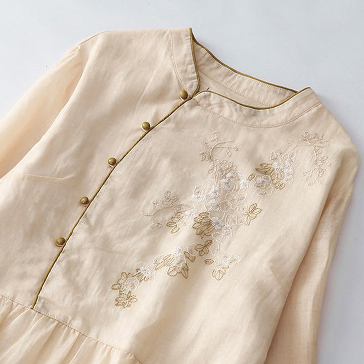 Langärmliges Midikleid aus Baumwolle und Leinen mit Buddha Stones -Stickerei und Knöpfen und Taschen - image 3