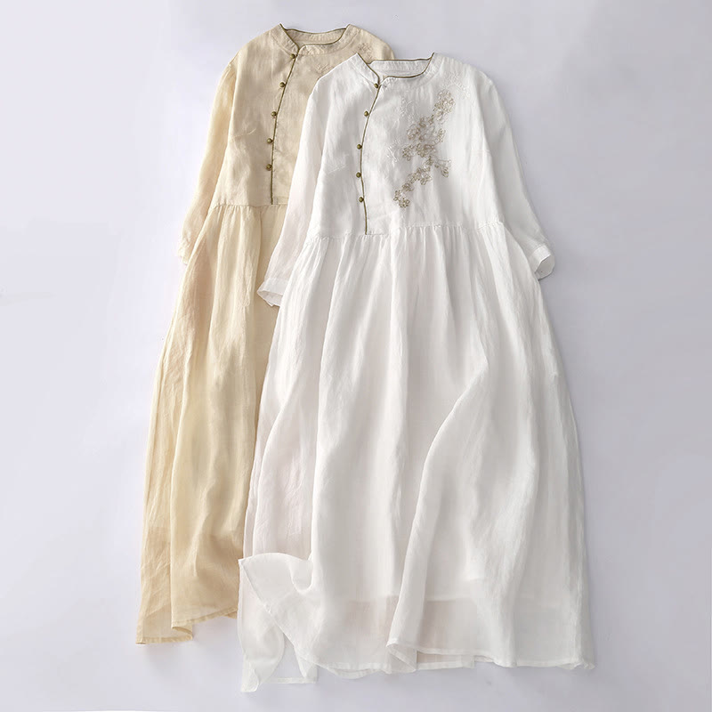 Langärmliges Midikleid aus Baumwolle und Leinen mit Buddha Stones -Stickerei und Knöpfen und Taschen - image 25