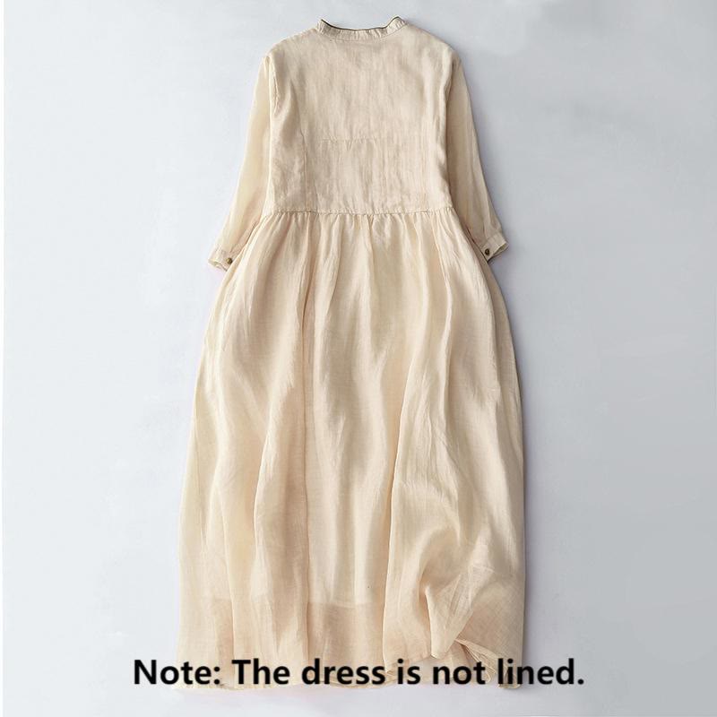 Langärmliges Midikleid aus Baumwolle und Leinen mit Buddha Stones -Stickerei und Knöpfen und Taschen - image 2