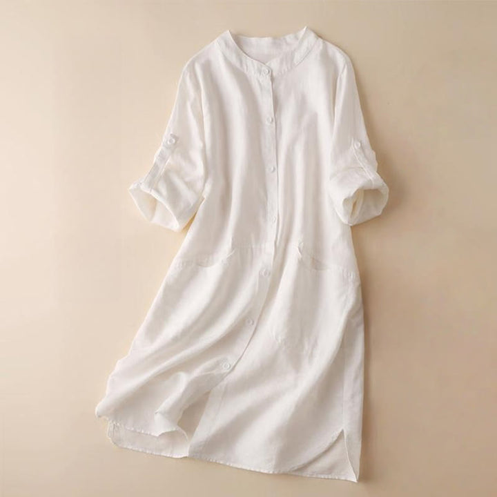 Buddha Stones Buttons Design, schlichtes, langärmliges Midikleid aus Baumwolle und Leinen mit Stehkragen und Taschen - BlumenWeiß - US12, UK/AU16,EU44 (2XL) - image 9