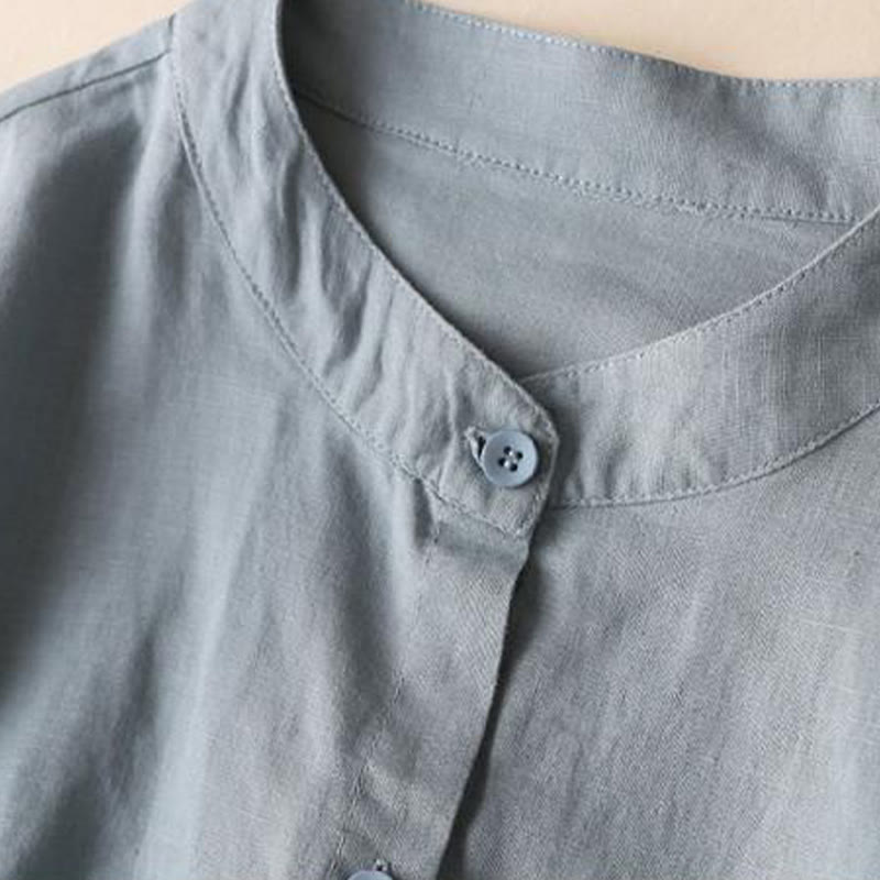 Buddha Stones Buttons Design, schlichtes, langärmliges Midikleid aus Baumwolle und Leinen mit Stehkragen und Taschen - image 2