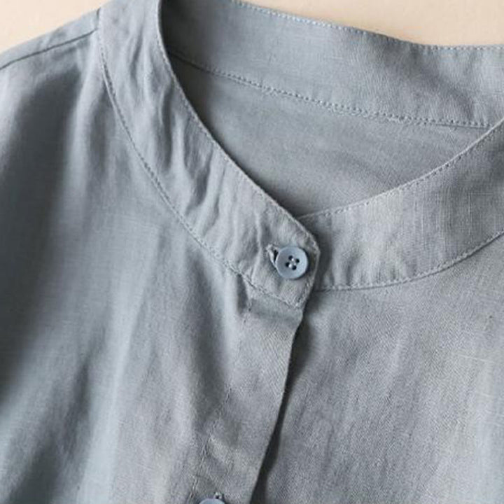 Buddha Stones Buttons Design, schlichtes, langärmliges Midikleid aus Baumwolle und Leinen mit Stehkragen und Taschen - image 2