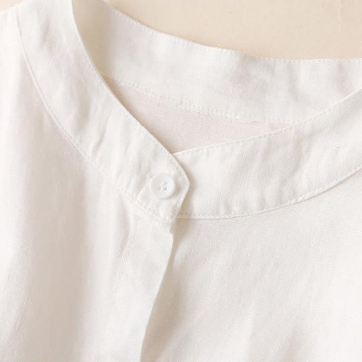 Buddha Stones Buttons Design, schlichtes, langärmliges Midikleid aus Baumwolle und Leinen mit Stehkragen und Taschen - image 11