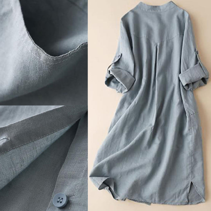 Buddha Stones Buttons Design, schlichtes, langärmliges Midikleid aus Baumwolle und Leinen mit Stehkragen und Taschen - image 8