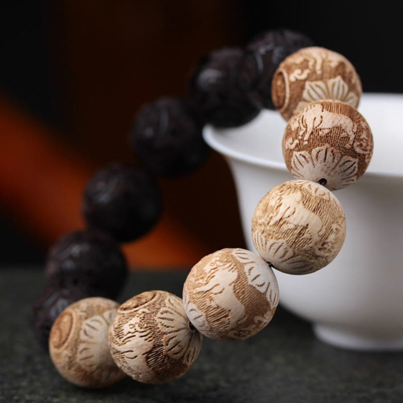 Armband mit Buddha Stones, Ebenholz, Kampferholz, Yin Yang, Ochsengravur, Peace - image 2