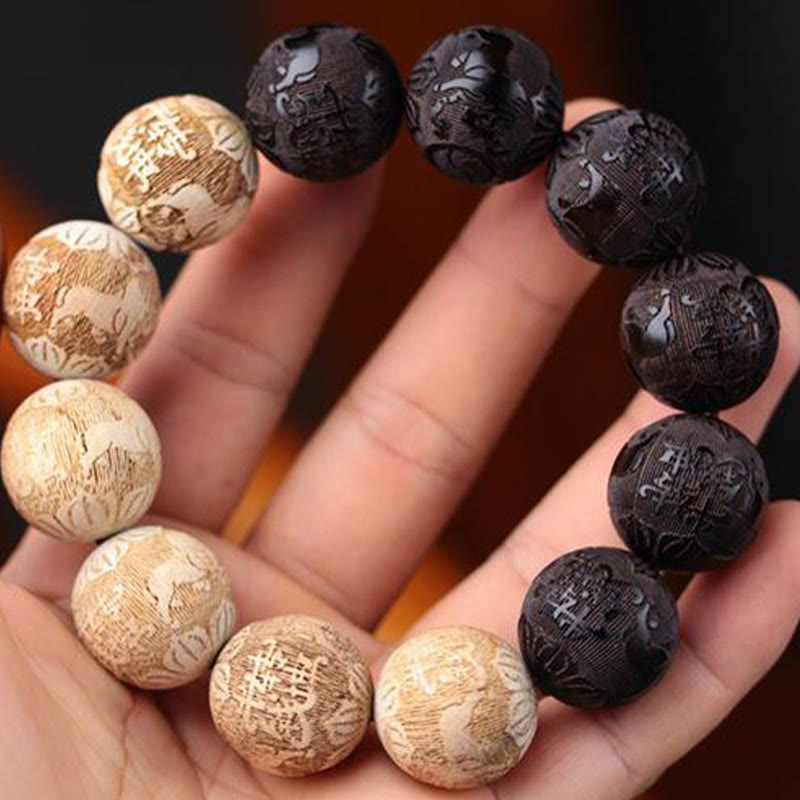 Armband mit Buddha Stones, Ebenholz, Kampferholz, Yin Yang, Ochsengravur, Peace - image 5